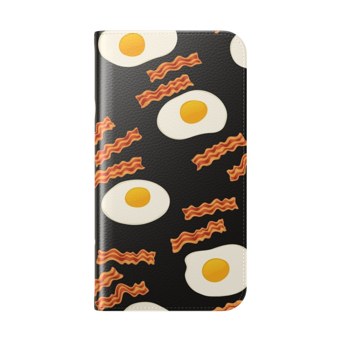 Breakfast-themed flip cover phone case featuring bacon and fried eggs - Folded Back