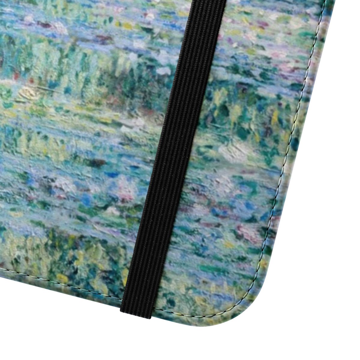 Flip cover phone case featuring Claude Monet's painting of water lilies, a Japanese bridge, and a funny orange cat. - Close Up