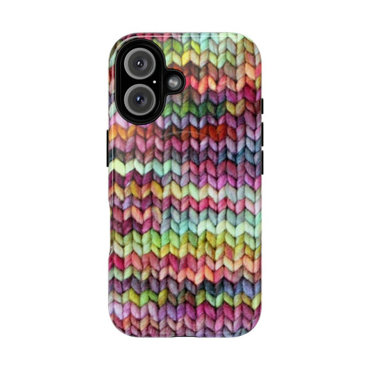 Knit phone case with magnetic closure and chicken boot design