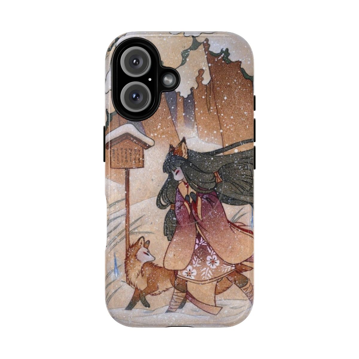 A beautiful phone case featuring a whimsical winter scene with a tea fox, yokai, and snowy forest