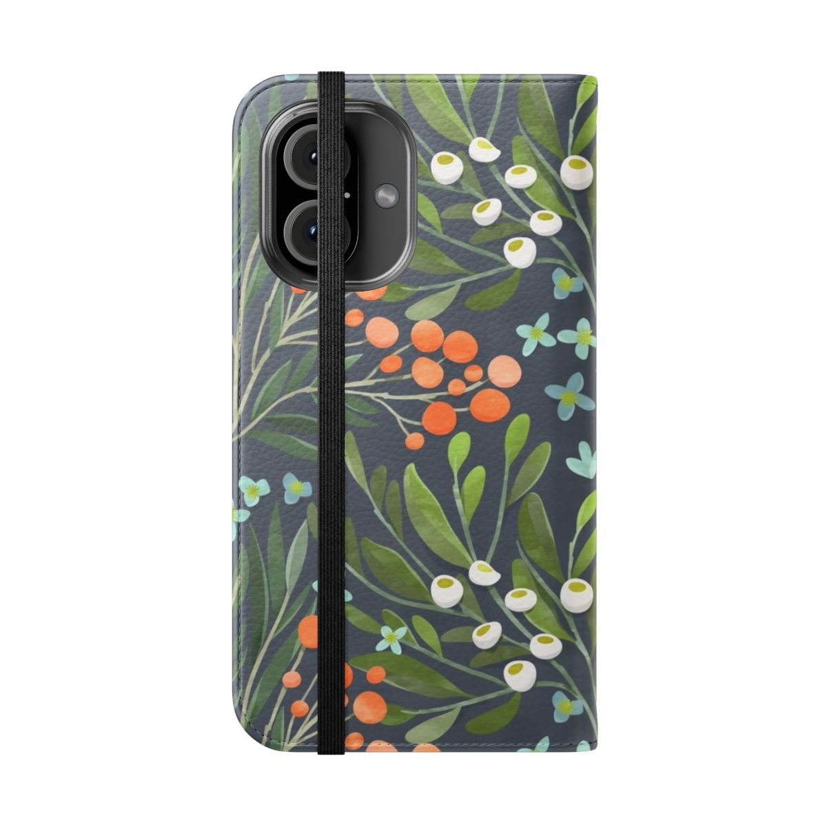 Closeup of a phone case with a vibrant floral and botanical design in shades of green, blue, pink, and teal. - Folded Front