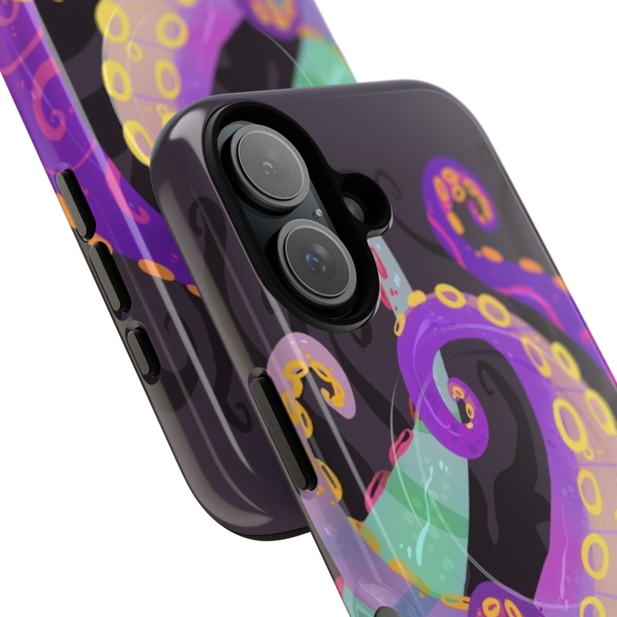 Purple tentacles wrapping around a phone on a magnetic phone case - Detail