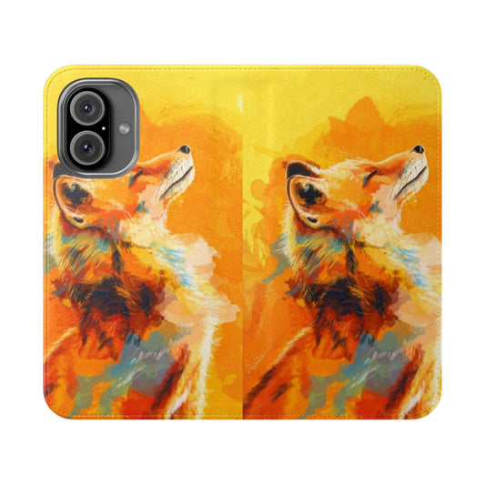 Vibrant illustration of a fox in a colorful, whimsical woodland setting on a phone case cover.