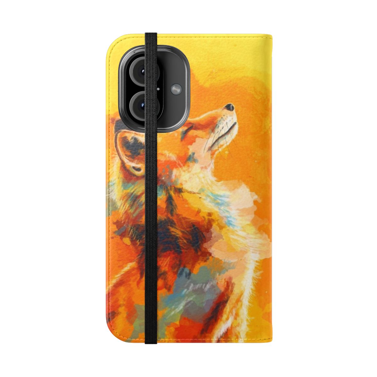 Vibrant illustration of a fox in a colorful, whimsical woodland setting on a phone case cover. - Folded Front