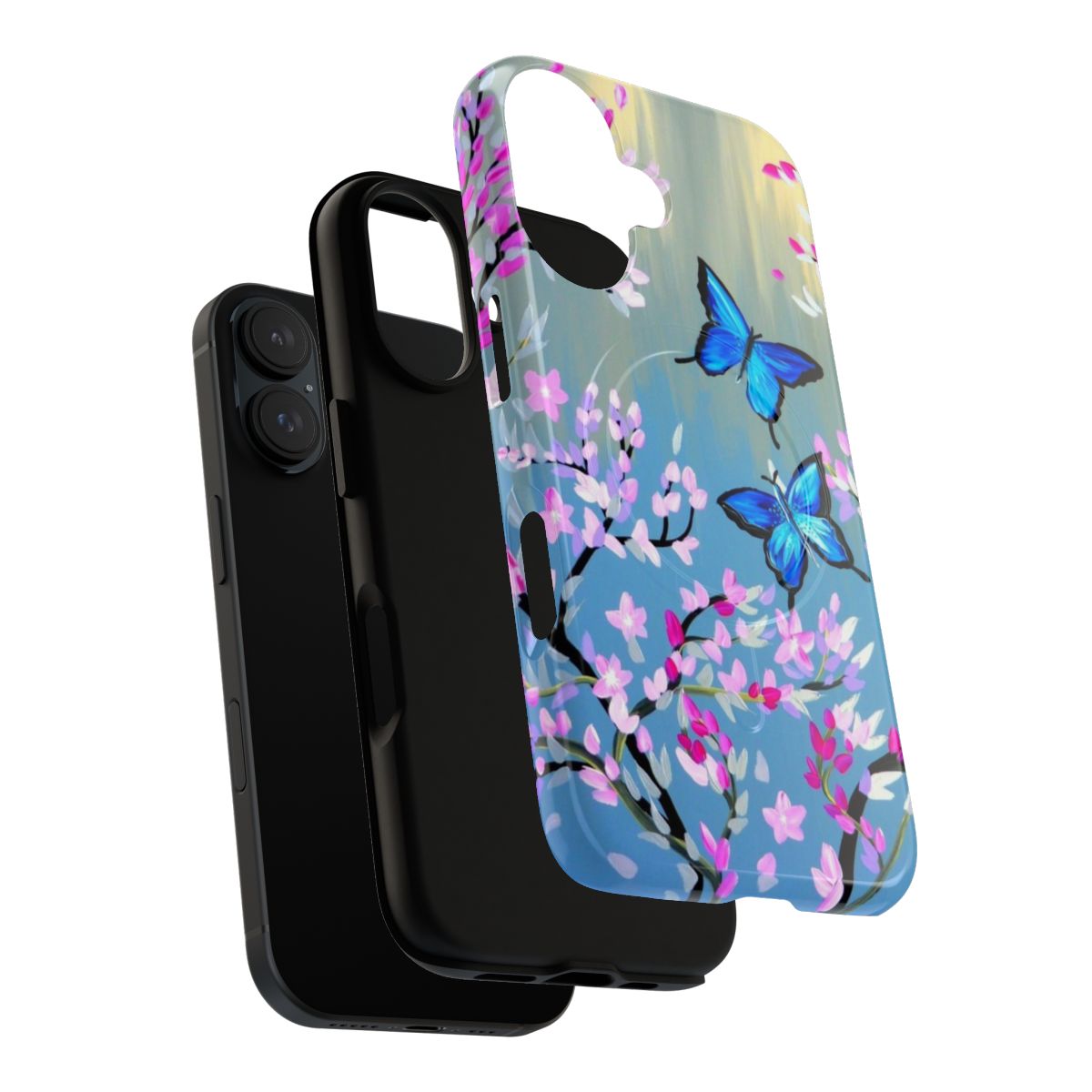 Elegant gray phone case with butterfly and cherry blossom floral designs - Layers