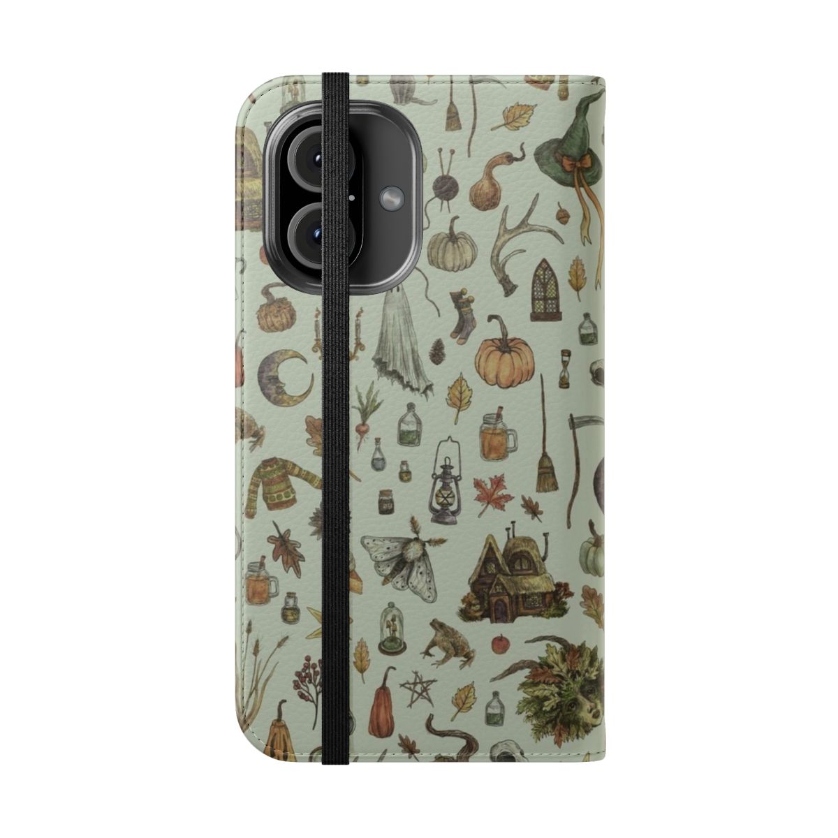 Green Crone Flip Cover Phone Case with Witchy Motifs - Folded Front