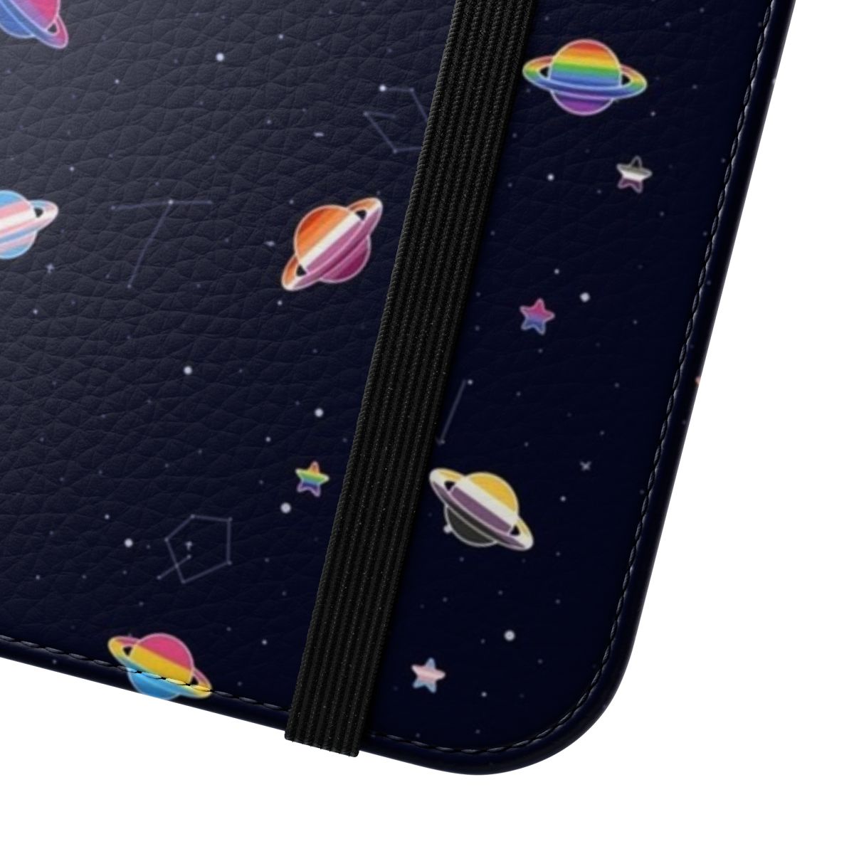 LGBTQ pride-themed phone case with a cosmic pattern of planets, stars, and the night sky. - Close Up