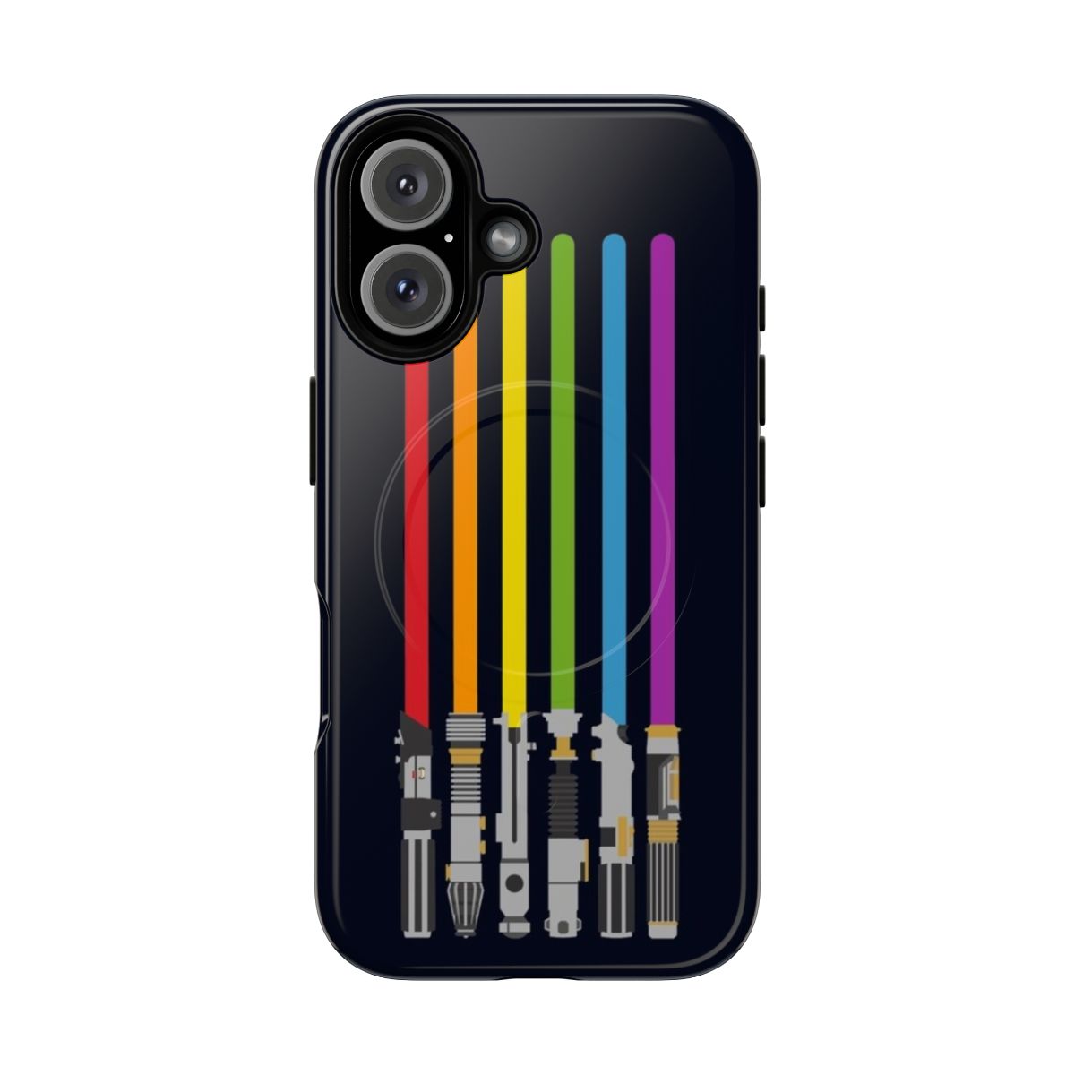 Vibrant rainbow-colored magnetic phone case with a sci-fi lightsaber design.