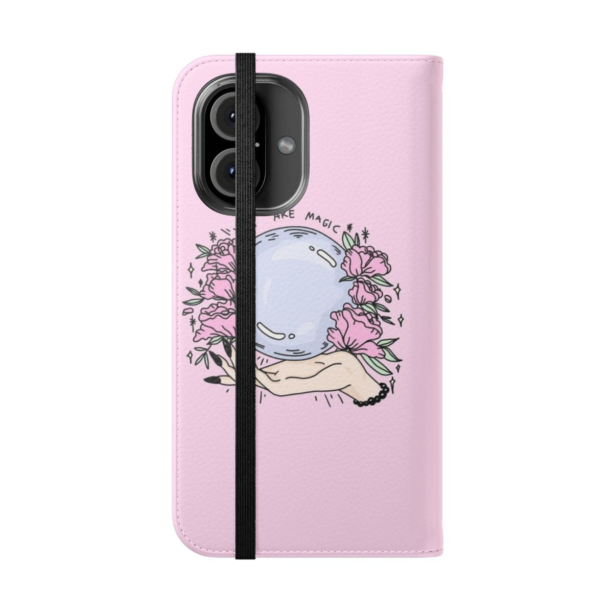 A pink flip cover phone case featuring a floral, magical design with roses, crystals, and a psychic aesthetic. - Folded Front