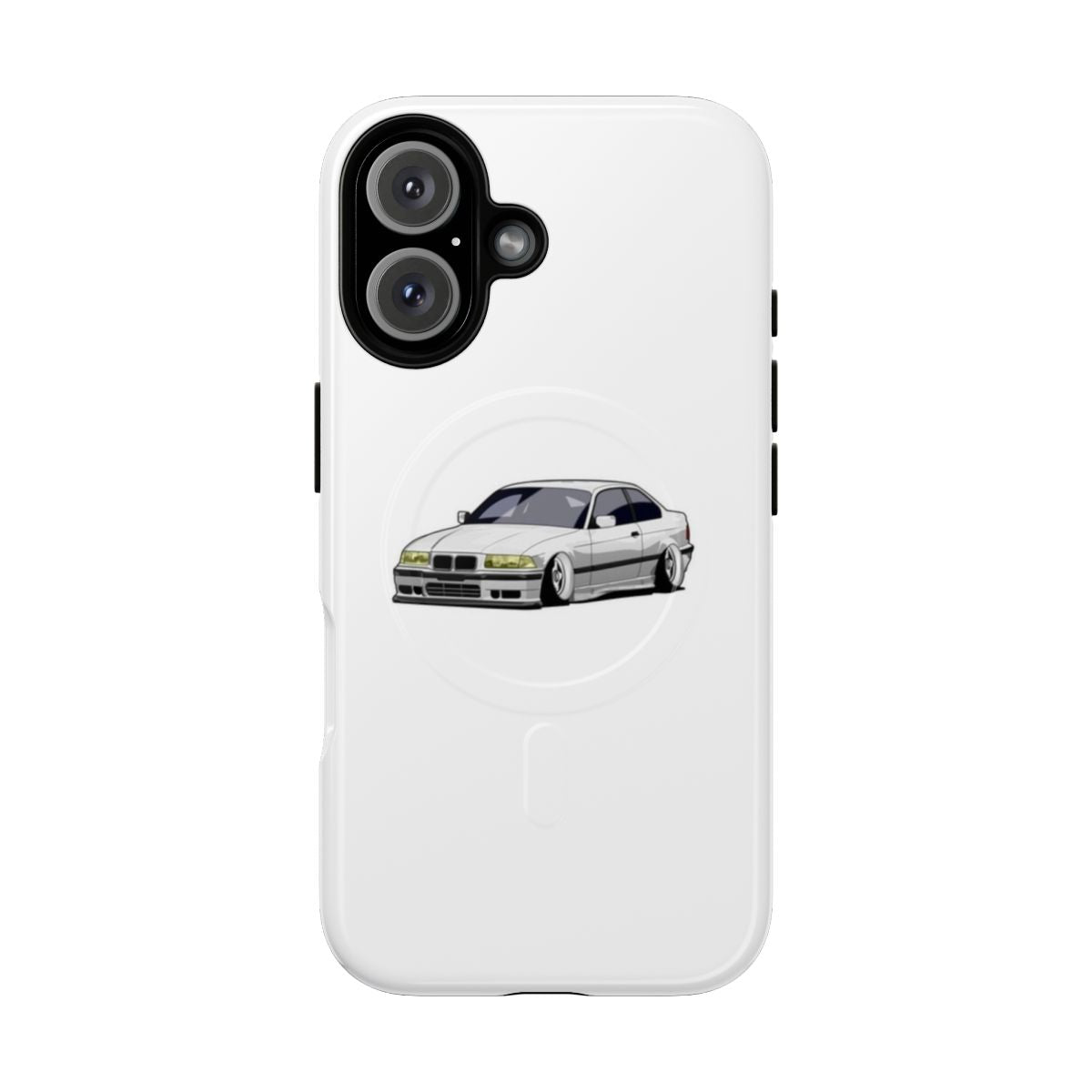 White BMW-themed magnetic phone case with a stanced design