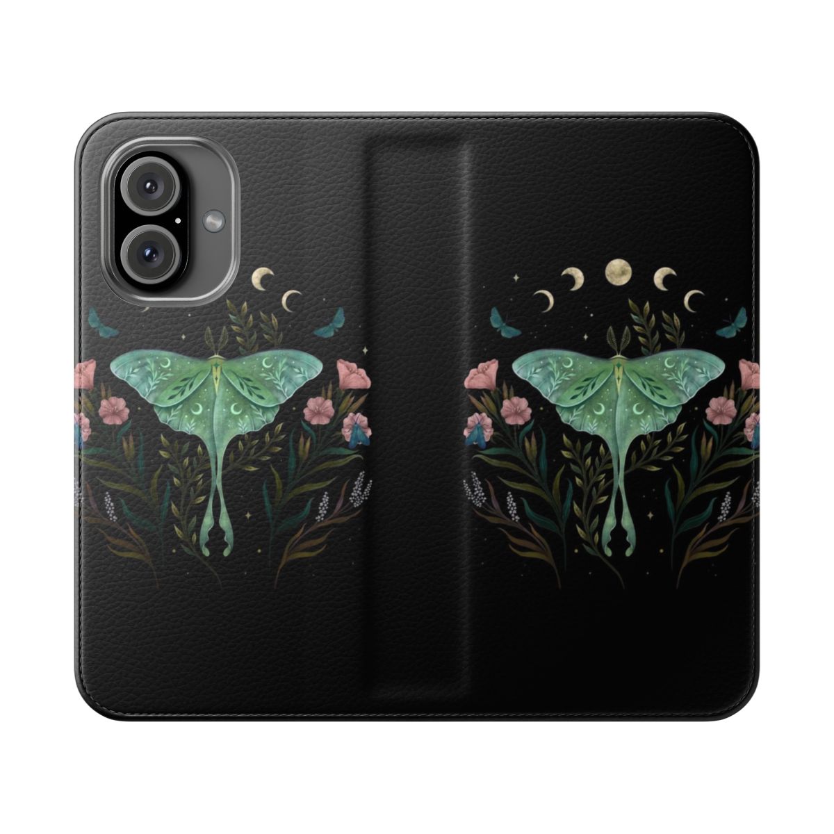 Flip cover phone case with a design featuring a luna moth, moon, and night garden elements