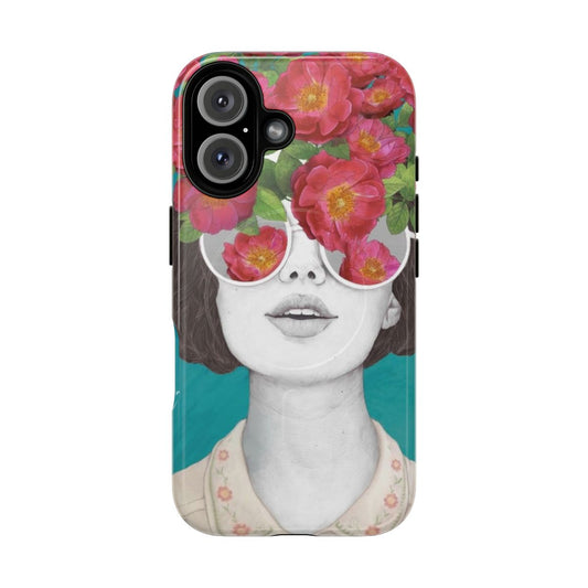 Artistic and surreal floral phone case design with a woman's face and rose tinted glasses