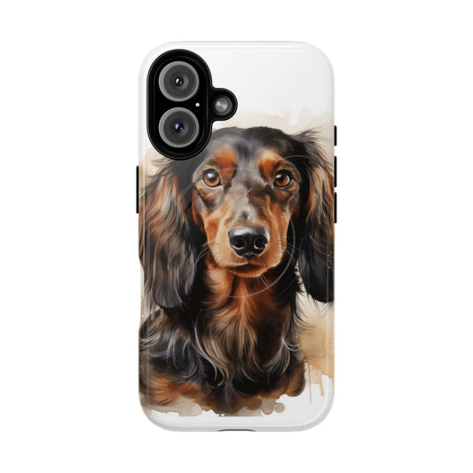 Watercolor illustration of a long-haired dachshund on a phone case