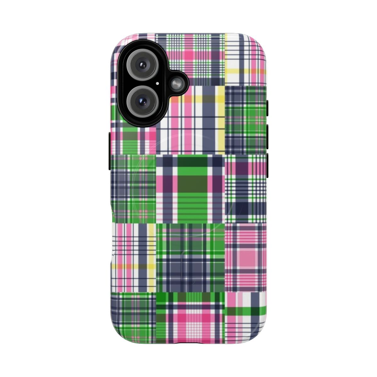 Colorful patchwork plaid pattern phone case with magnetic closure