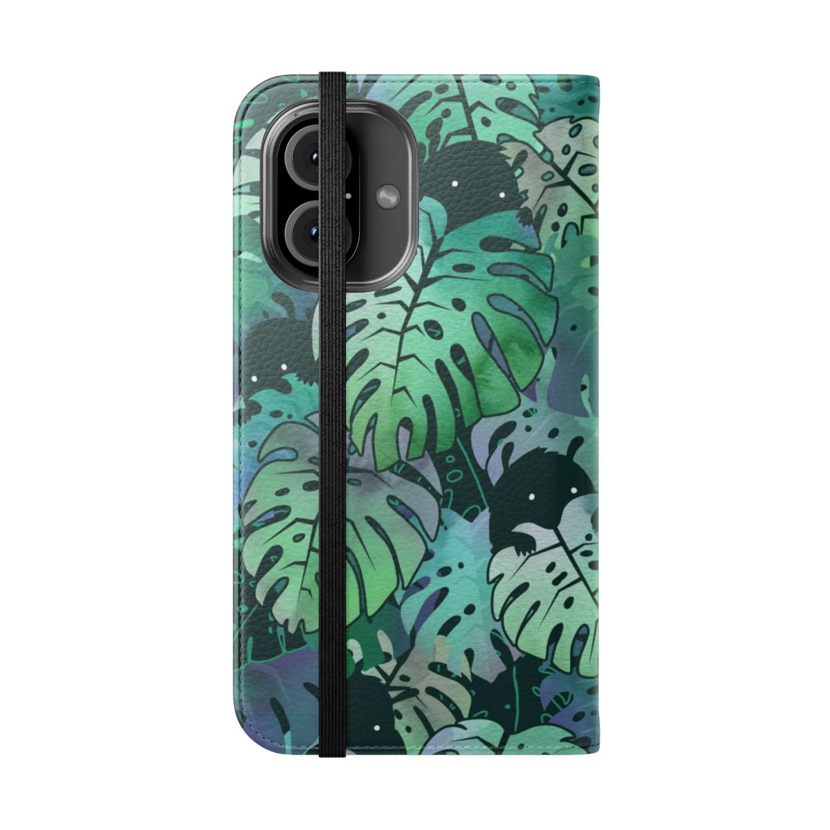 Tropical monstera leaf print phone case with flip cover - Folded Front