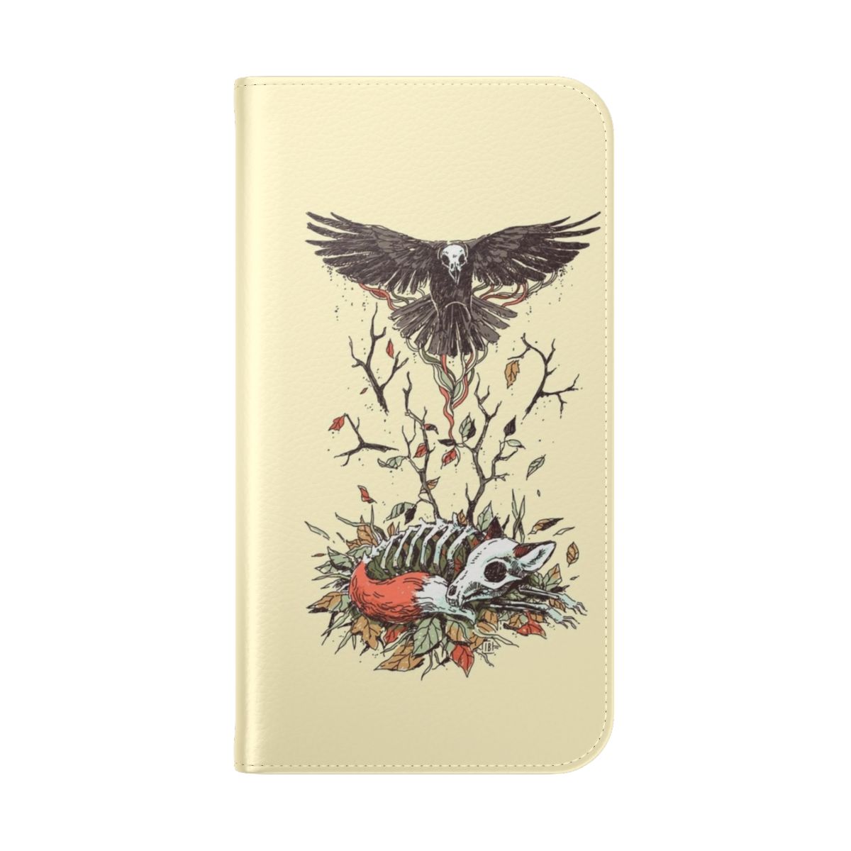 Artistic phone case featuring a dark and mystical fox design with raven, skeleton, and autumn leaves in a moody, fantasy-inspired style. - Folded Back