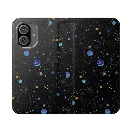 A flip phone case cover with a vibrant cosmic space-themed pattern featuring stars, planets, comets, and a nebula in shades of black, purple, blue, and gold.