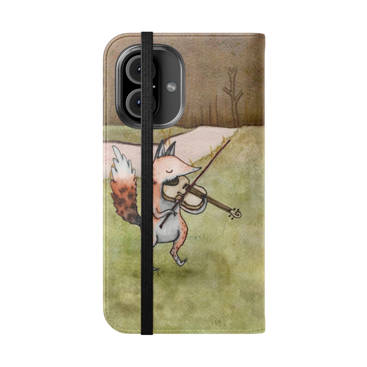 Illustration of a cute fox playing a violin on a flip phone case - Folded Front