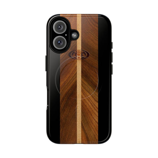 Black phone case with tropical faux wood surfboard design