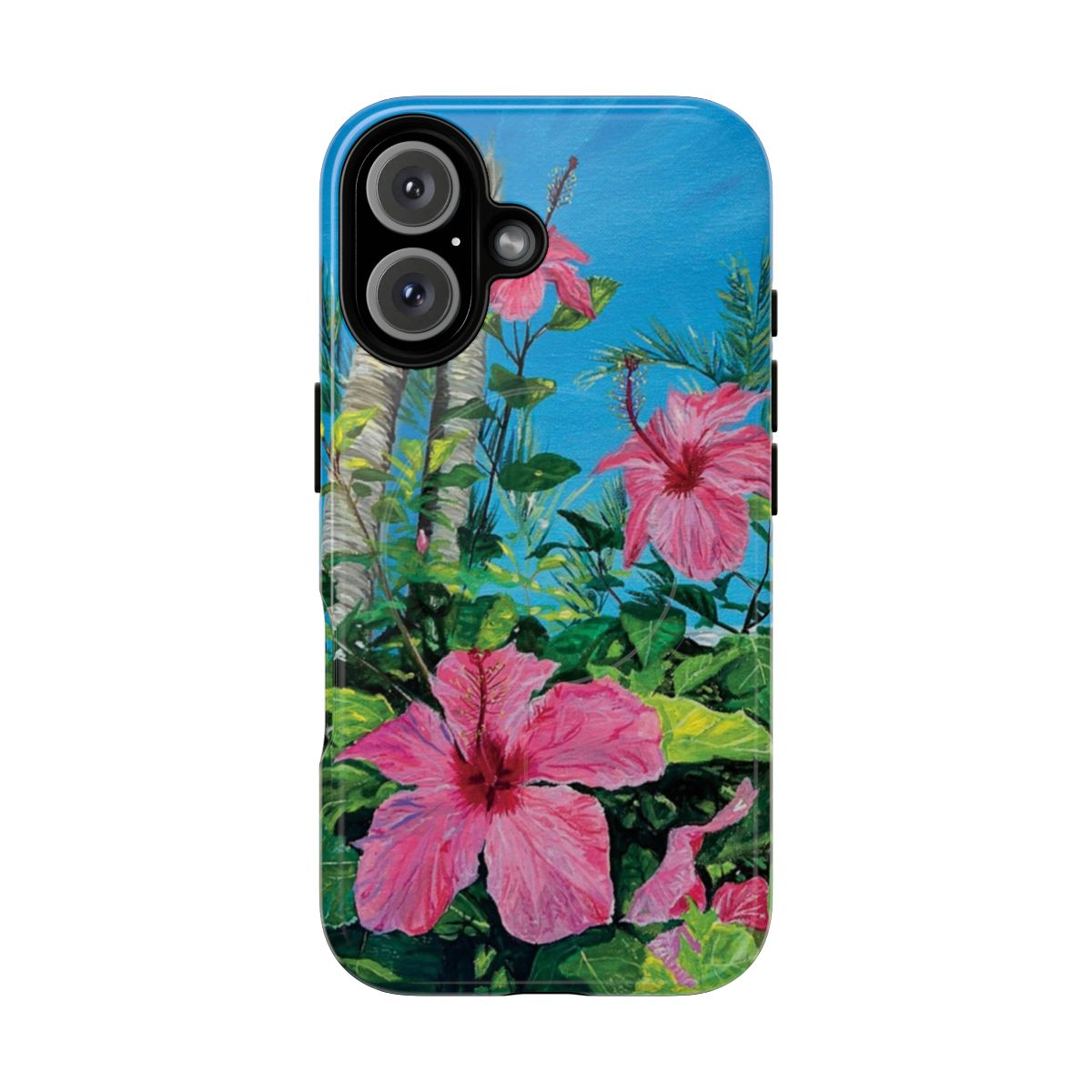 Colorful tropical hibiscus flowers on a phone case