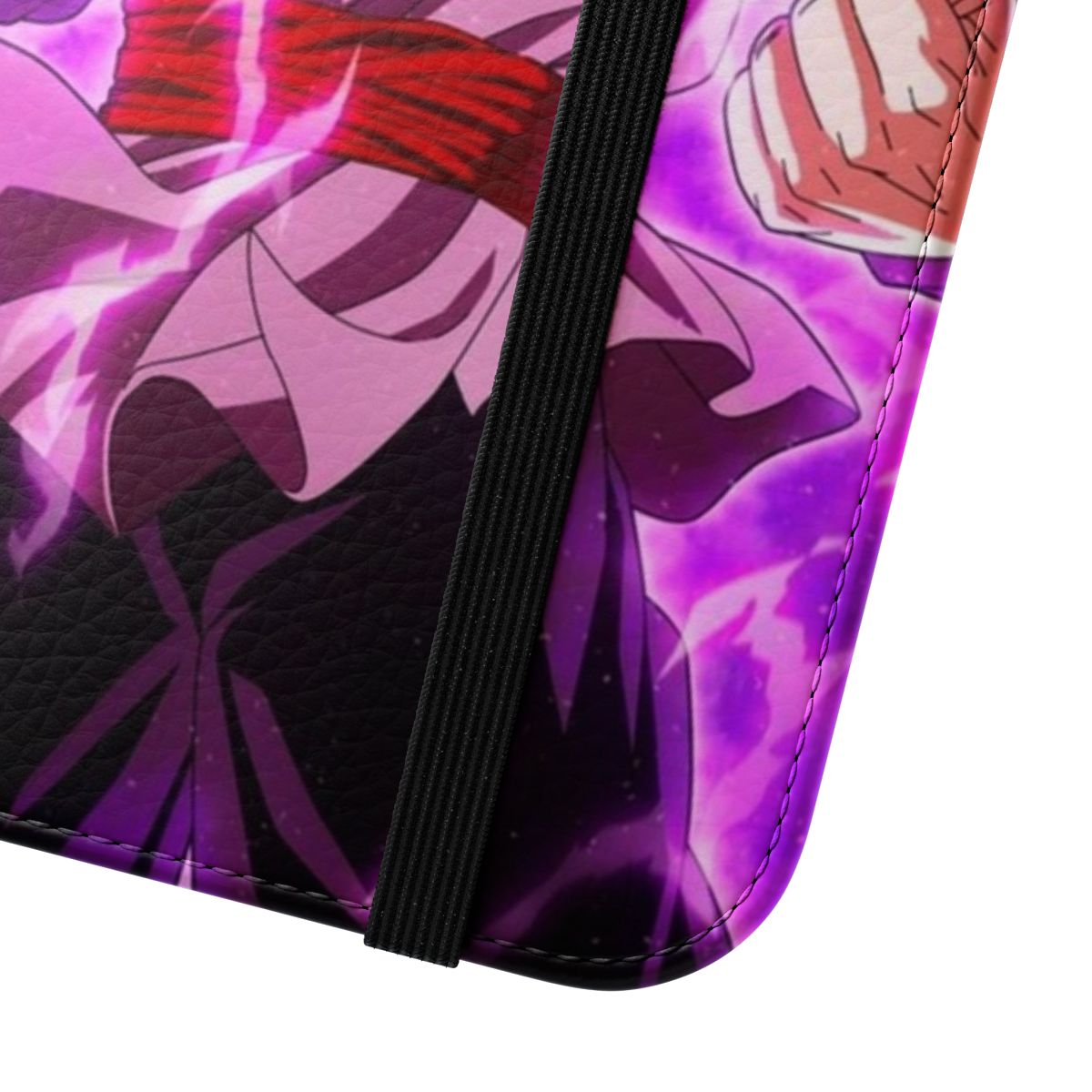 Black and pink anime-inspired flip phone case featuring a powerful character - Close Up