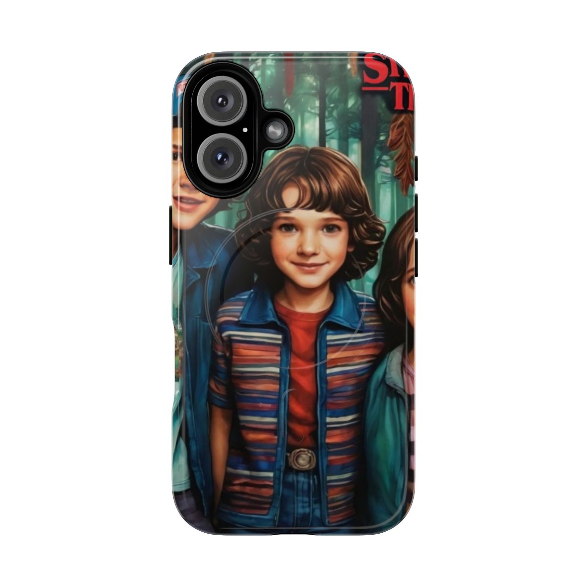 Retro 80s Stranger Things inspired magnetic tough phone case with characters and monsters from the Netflix series