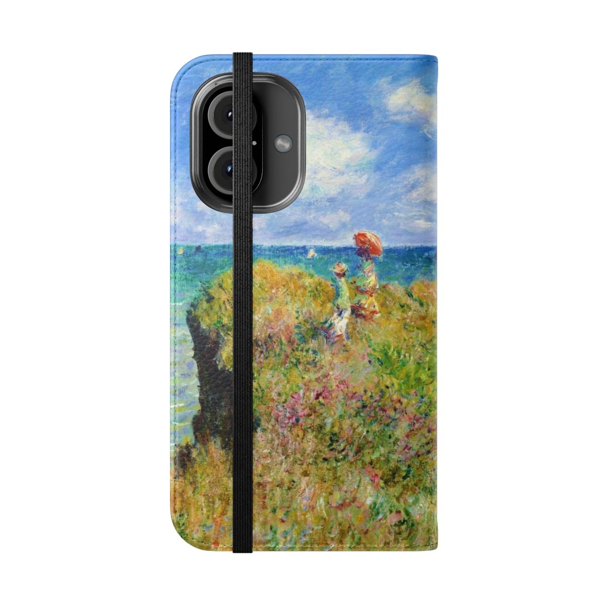 Flip cover phone case featuring Claude Monet's "Walk on the Cliff at Pourville" painting. - Folded Front