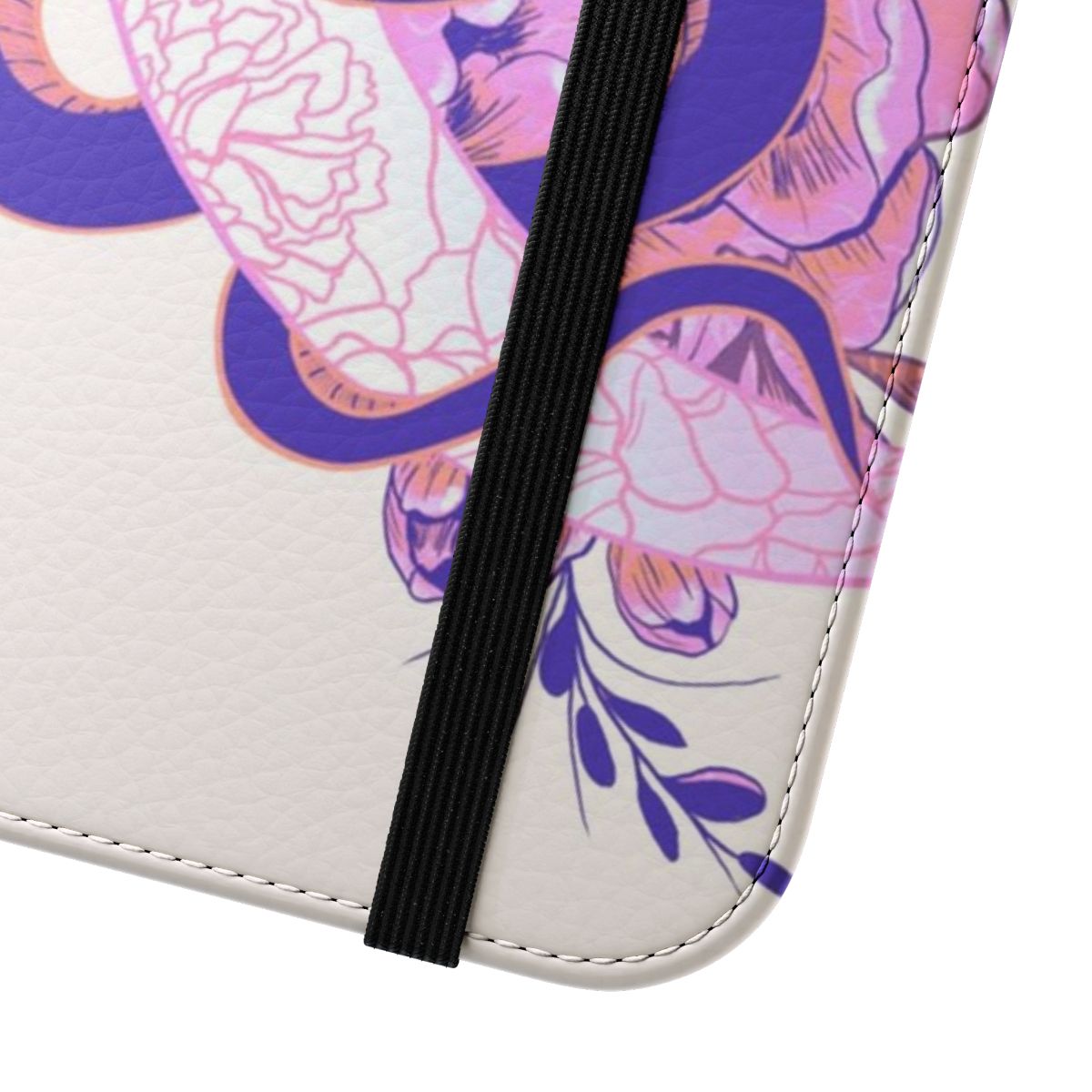 Pastel pink phone case with dark floral and moon snake design - Close Up