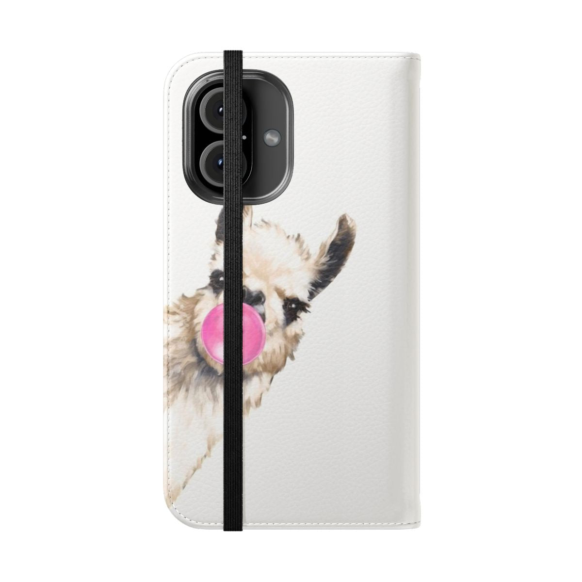 Whimsical watercolor illustration of a llama blowing a bubble with bubblegum on a phone case - Folded Front