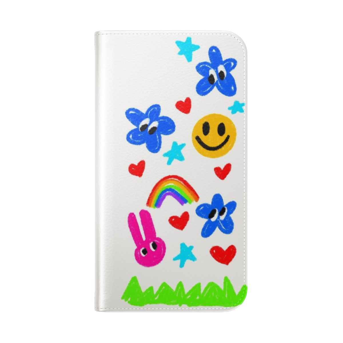 Colorful doodle design phone case with rainbow, hearts, and smiley faces - Folded Back