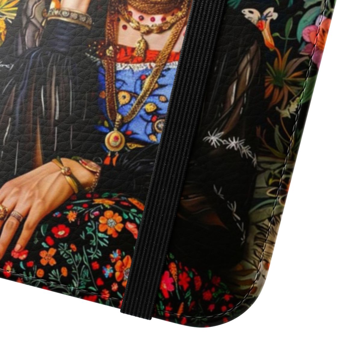 Frida Kahlo inspired phone case with colorful floral design - Close Up