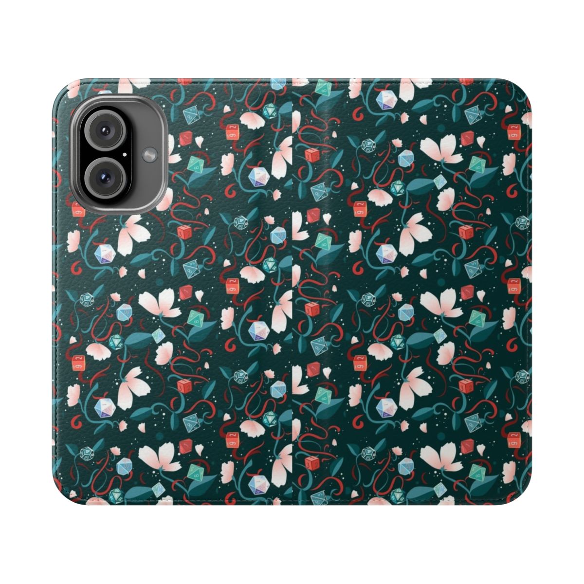 A blue and white phone case with a dice and floral pattern design