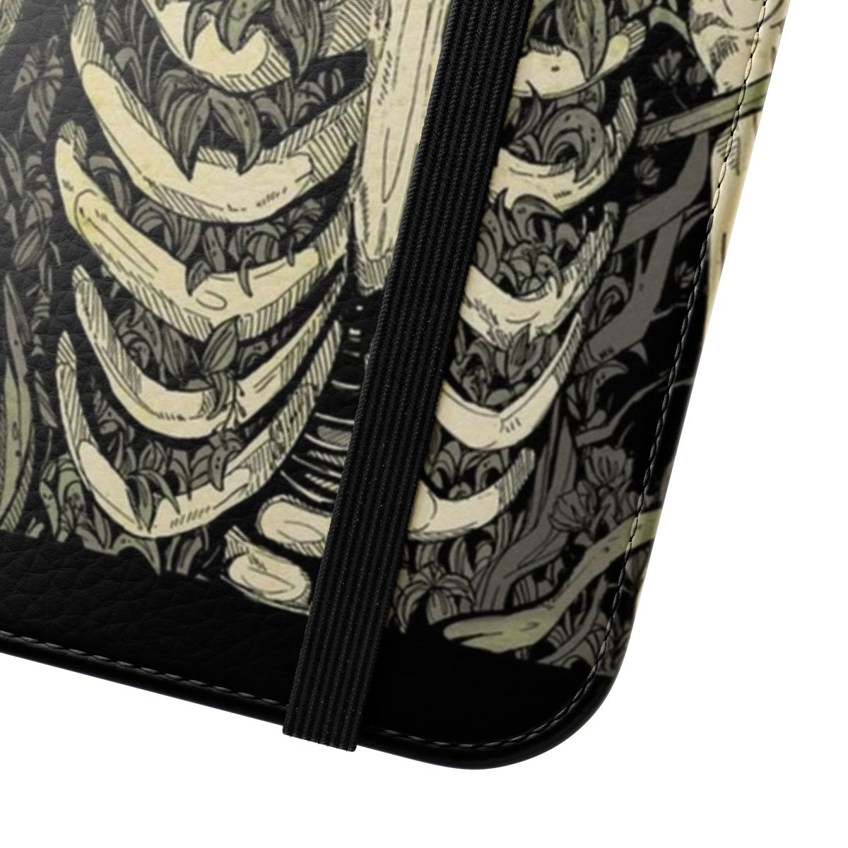 Dark fantasy werewolf skull and bones design on a flip cover phone case - Close Up