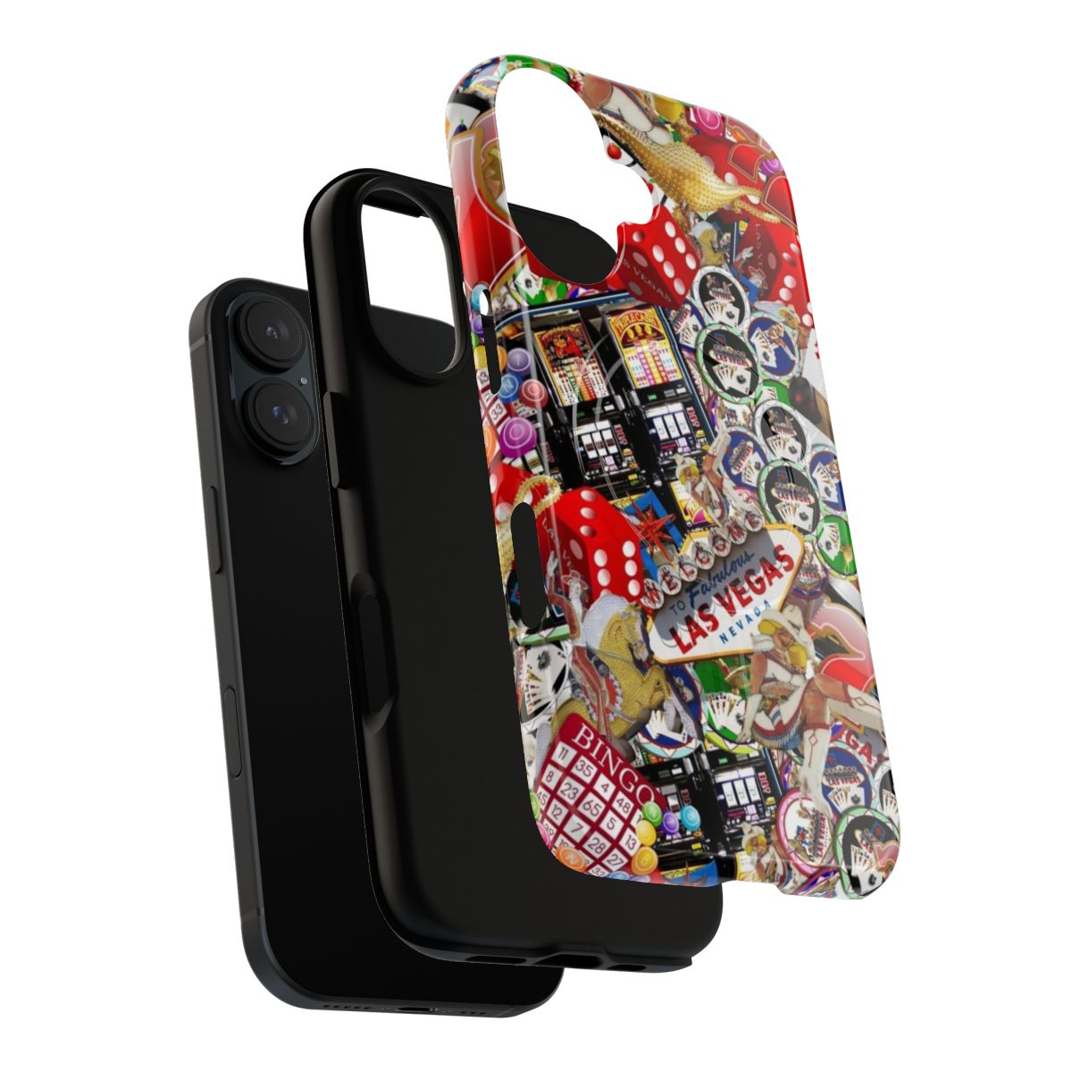 Magnetic tough phone cases featuring iconic Las Vegas symbols like the Vegas sign, poker chips, and dice - Layers