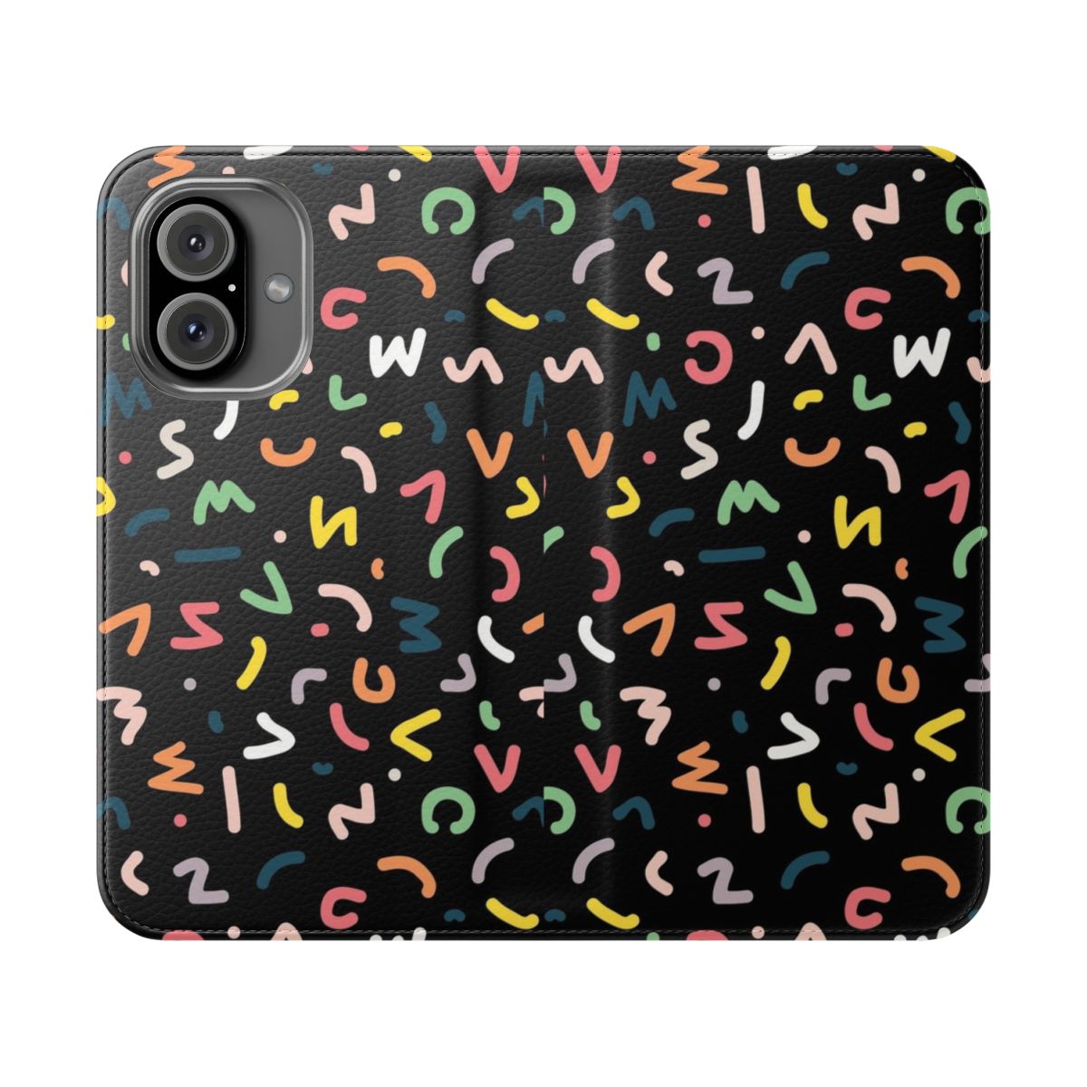 Closeup of a colorful, retro-inspired phone case with neon lights and geometric patterns