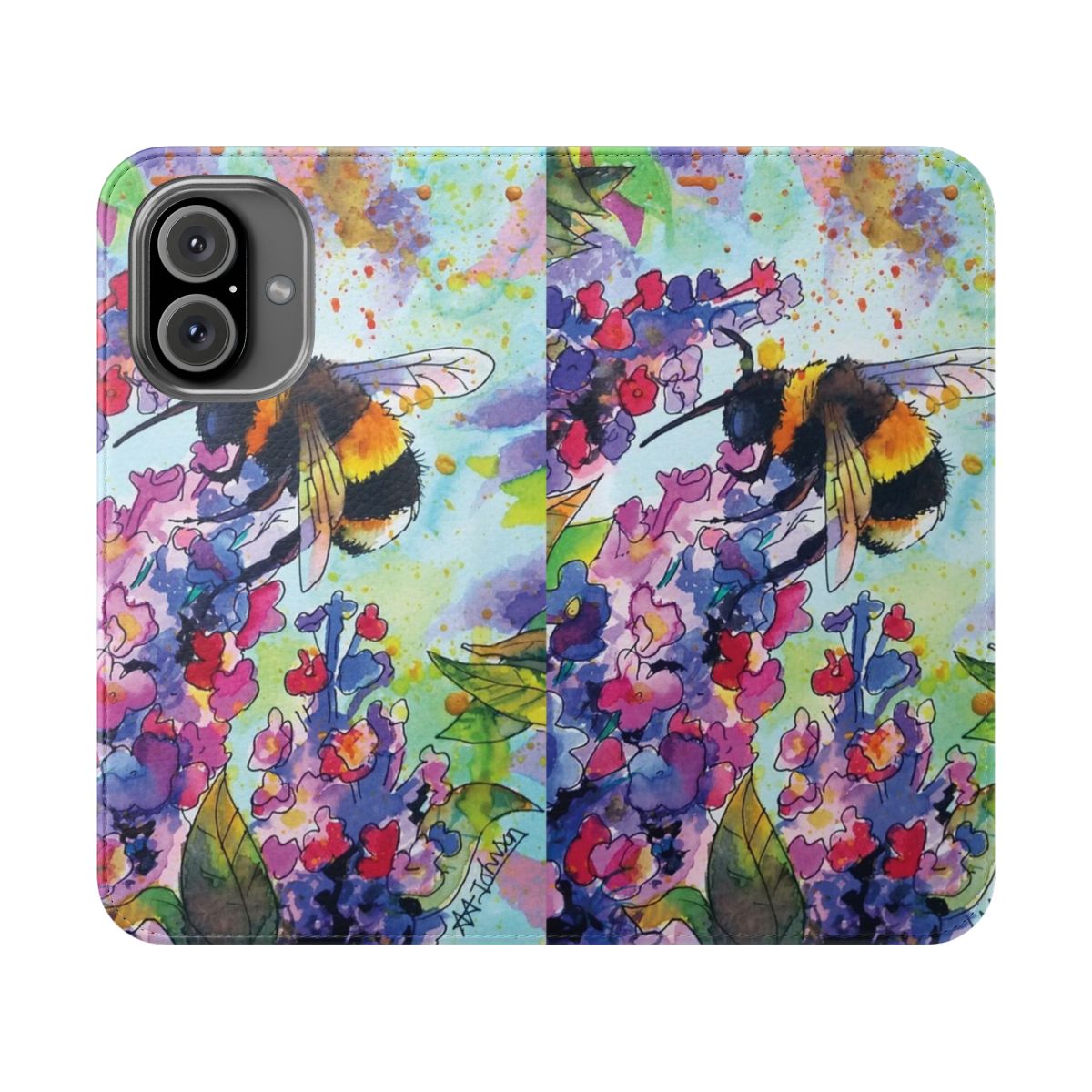 Colorful flip cover phone case featuring illustrations of bees and flowers