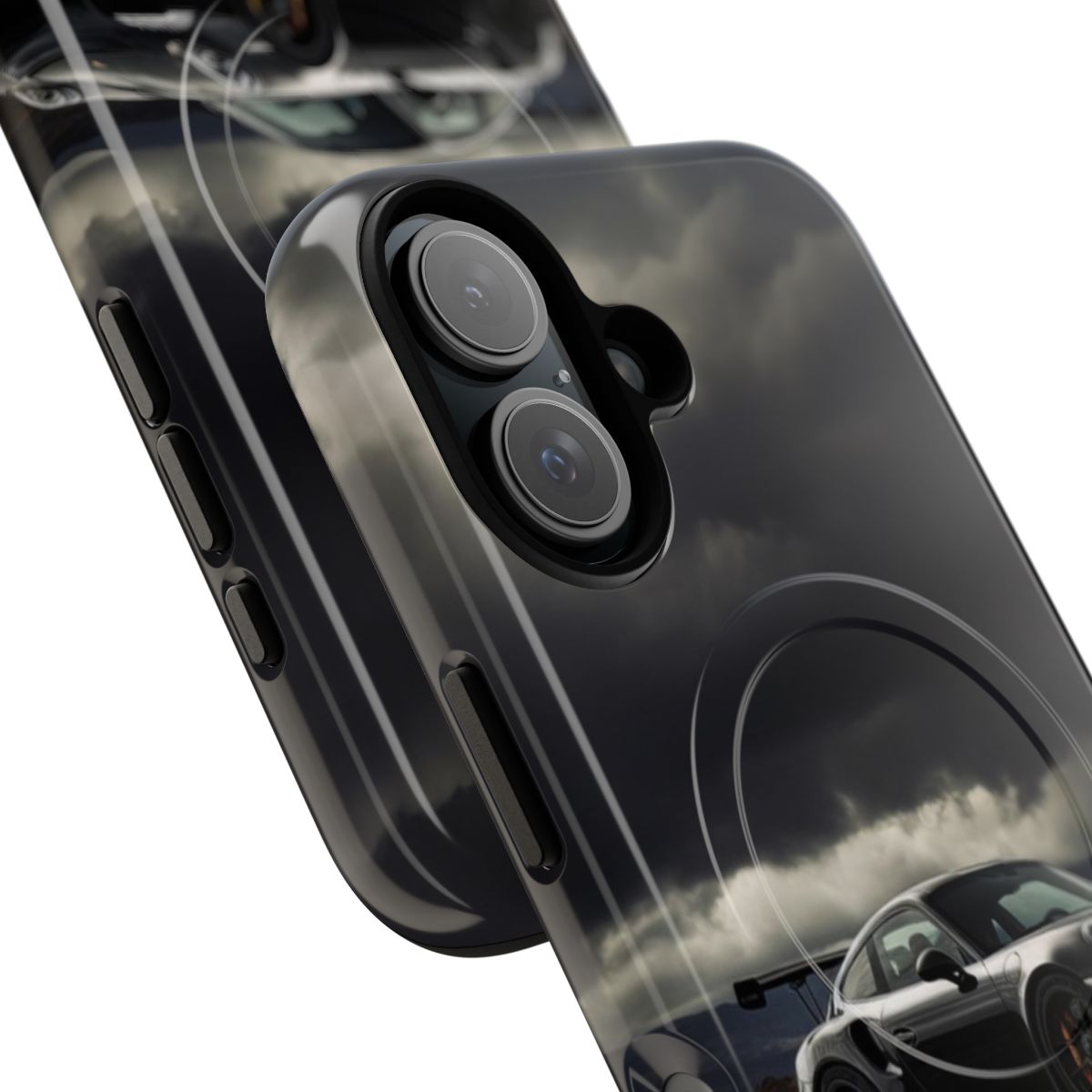 Porsche-inspired magnetic phone case with a dark, stormy design - Detail