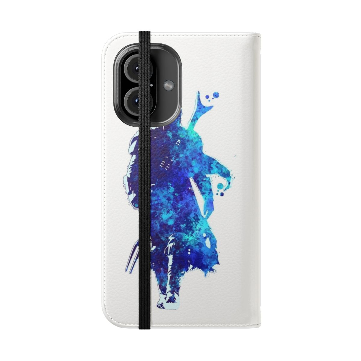 Silhouette blue paint spatter phone case with Mandalorian-inspired design - Folded Front