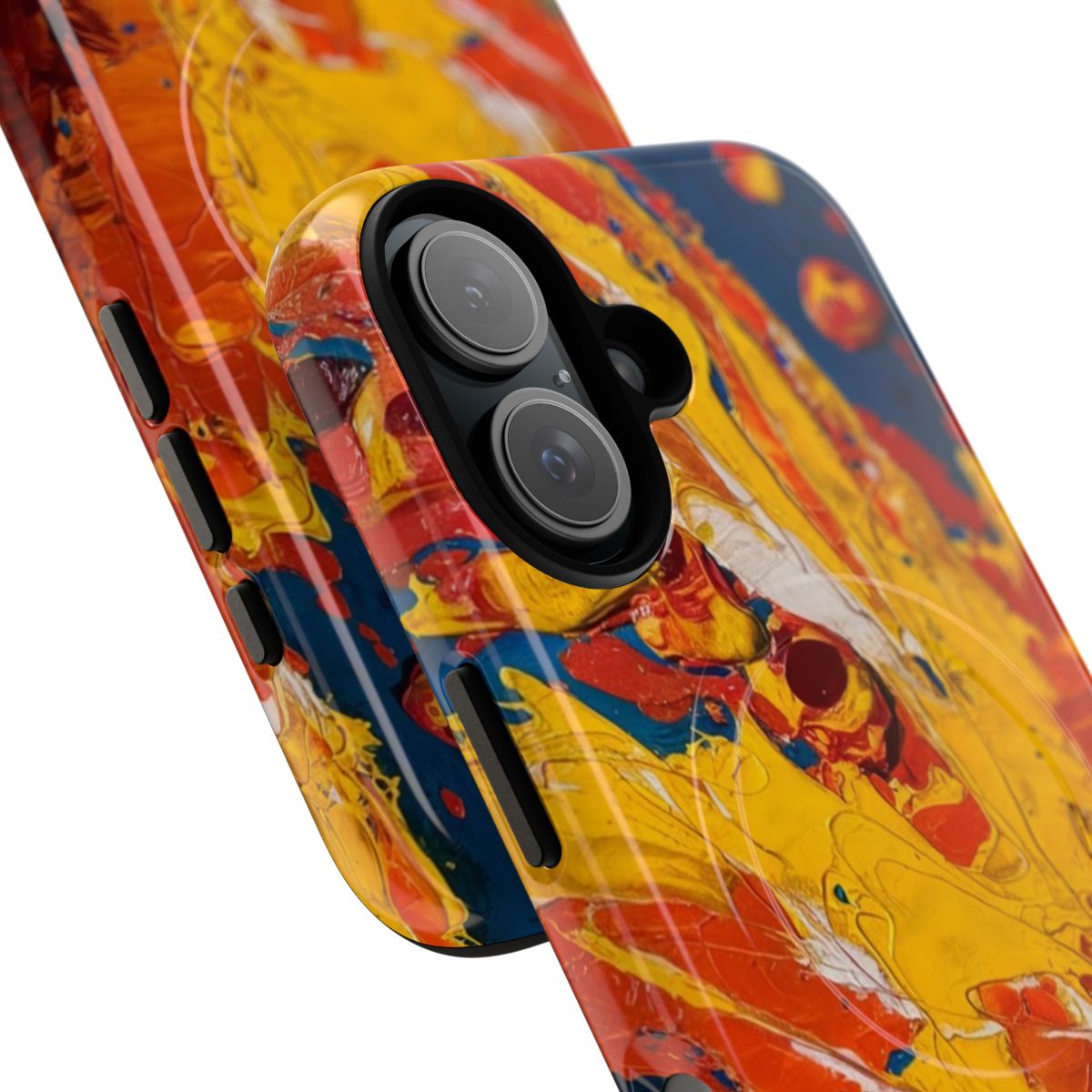 Vibrant and dynamic abstract art smartphone case featuring a fiery burst of red and yellow swirls - Detail