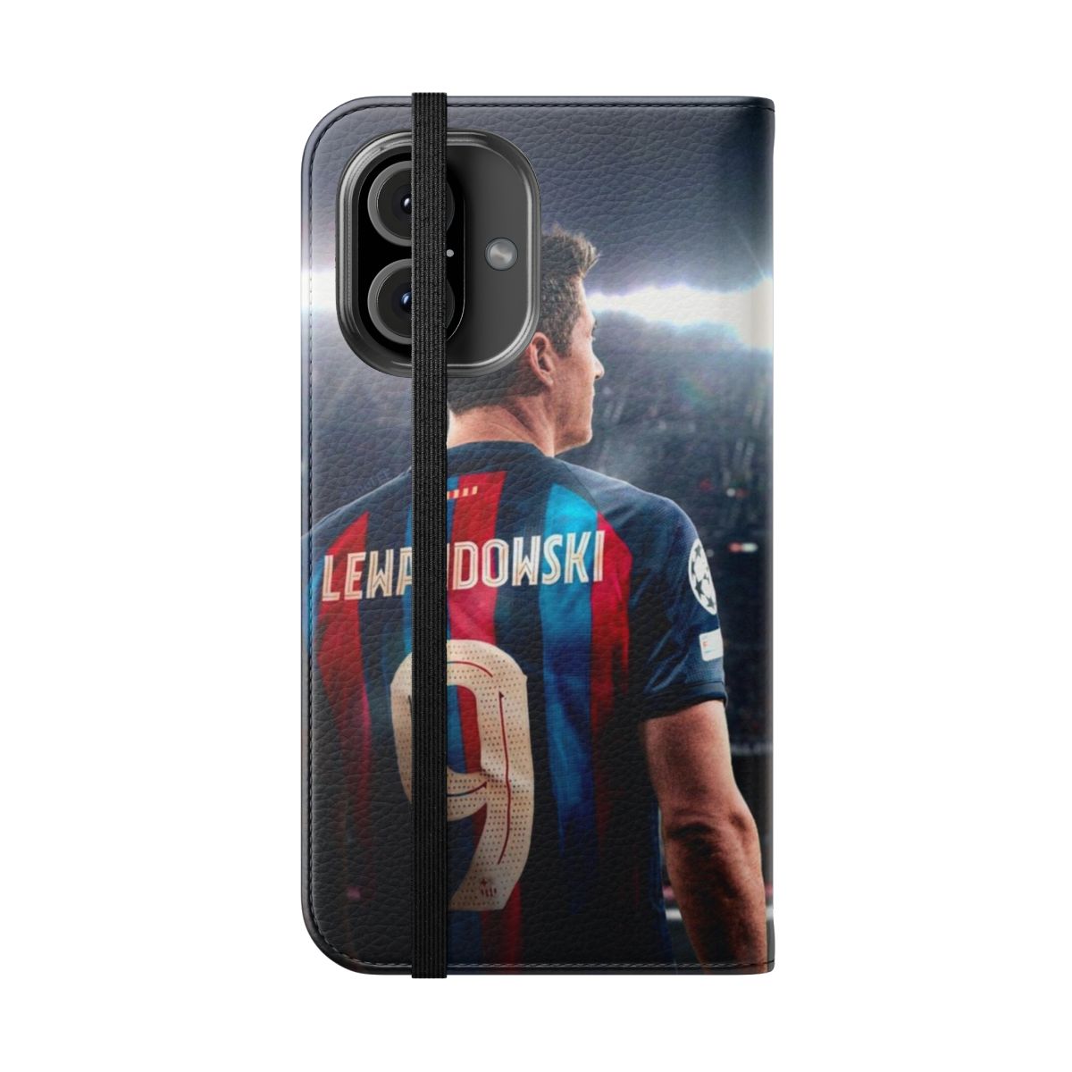 Flip cover phone case featuring the image of Polish footballer Robert Lewandowski in an FC Barcelona jersey - Folded Front