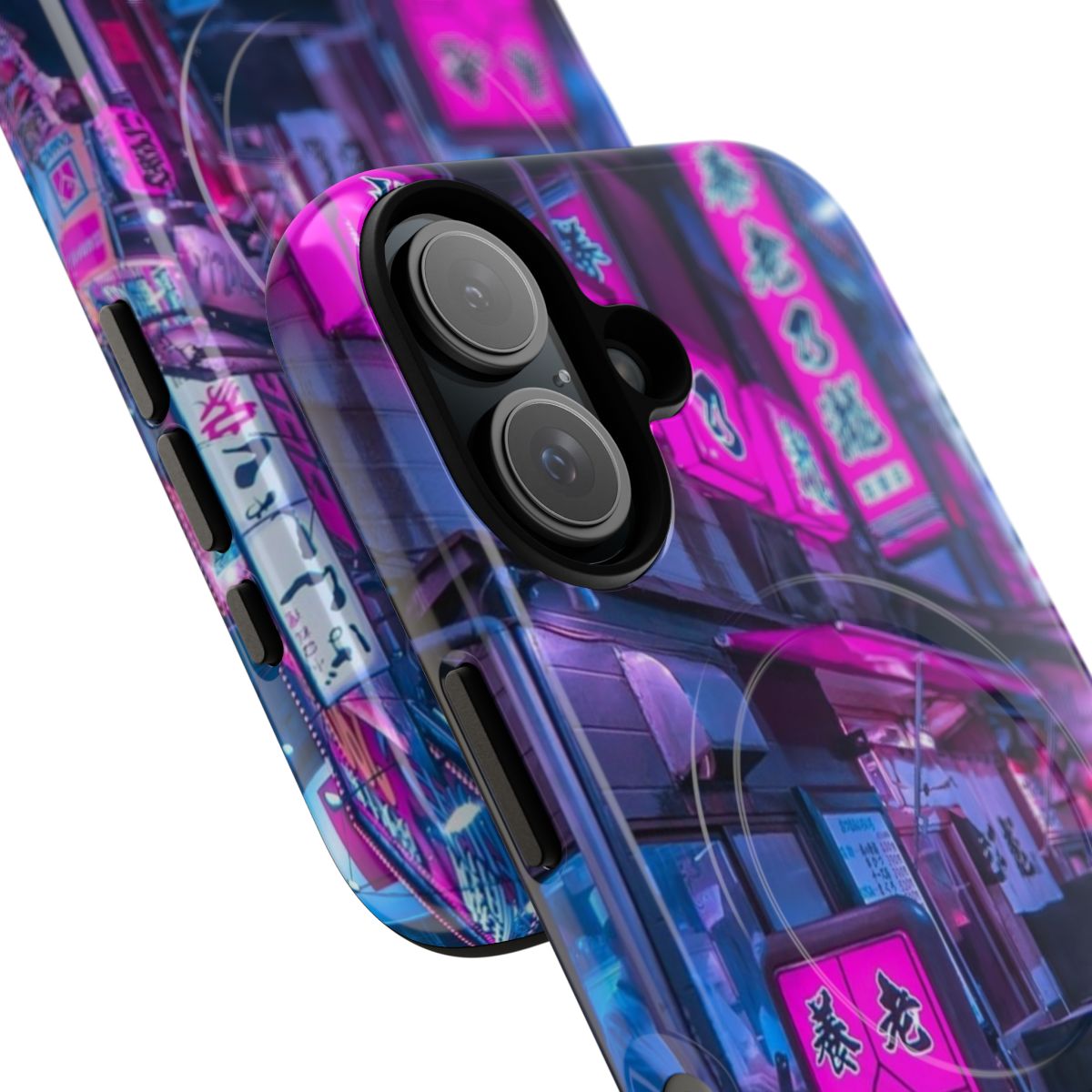 Colorful neon lights and buildings in the Shinjuku Omoide Yokocho alley, Tokyo, featured on a retro futuristic phone case. - Detail