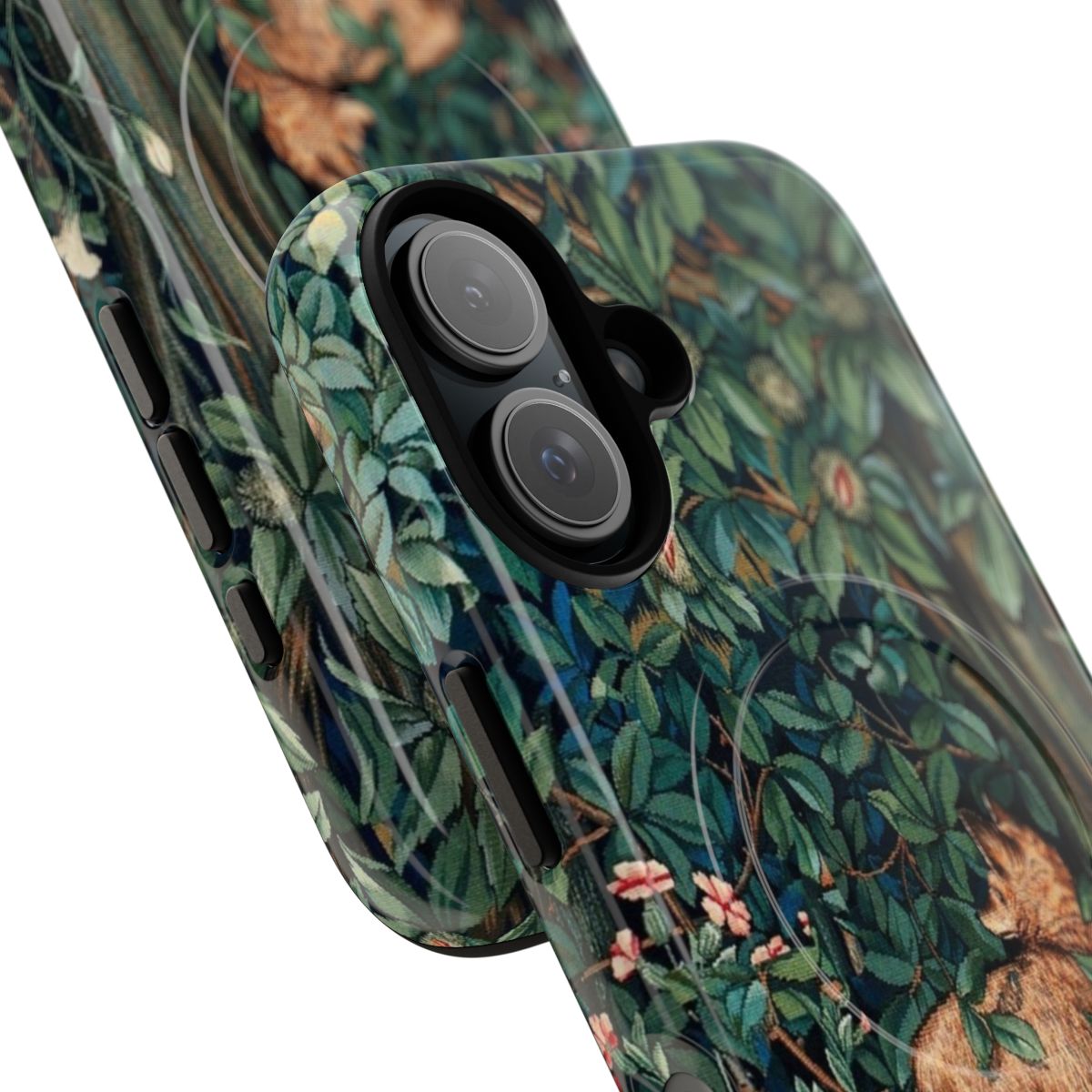 Magnetic tough phone case with a vintage floral tapestry design featuring foxes, hares, and lush green foliage. - Detail