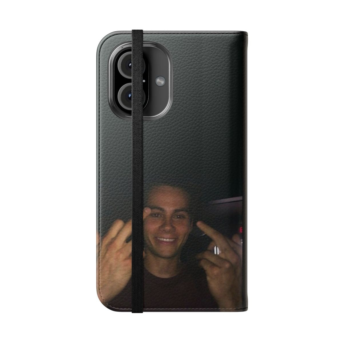 Flip cover phone case featuring a stylized middle finger design, perfect for fans of Dylan O'Brien and the hit shows Teen Wolf and The Maze Runner. - Folded Front