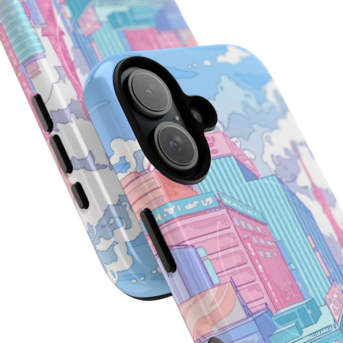 Pastel-colored image of the Tokyo cityscape on a phone case with magnetic closure - Detail