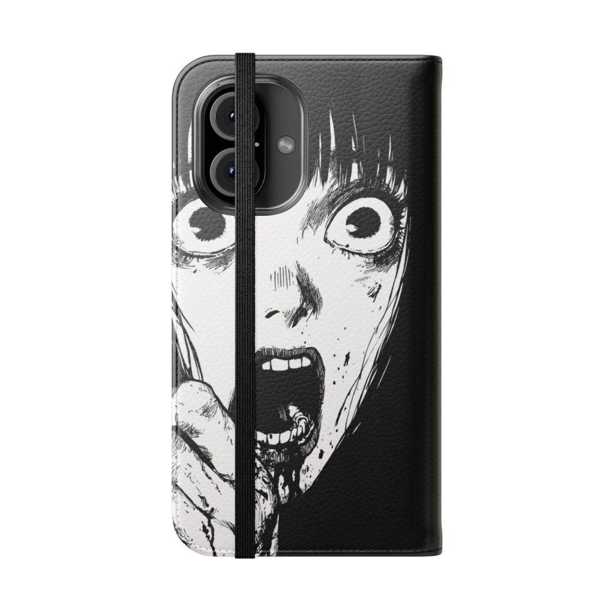 Flip cover phone case with a haunting zombie design - Folded Front