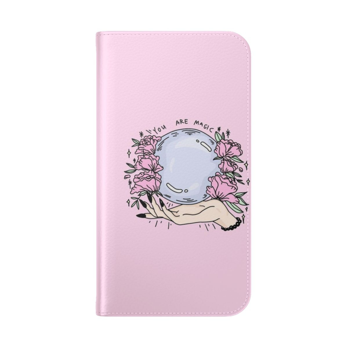 A pink flip cover phone case featuring a floral, magical design with roses, crystals, and a psychic aesthetic. - Folded Back