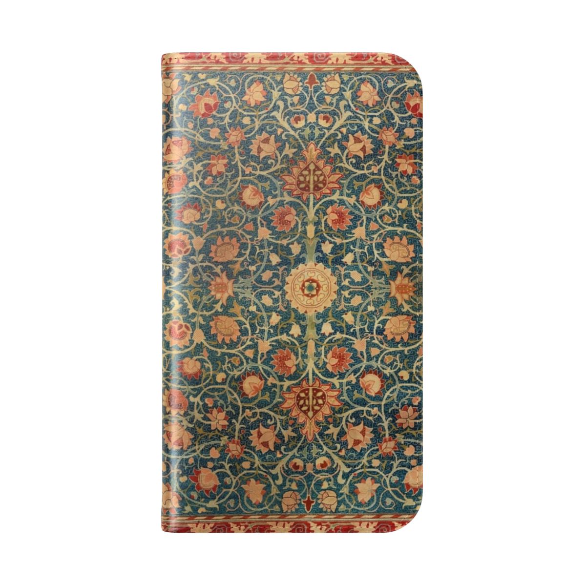 Flip cover phone case with a vintage-inspired William Morris carpet print design in teal, red, and abstract floral patterns. - Folded Back