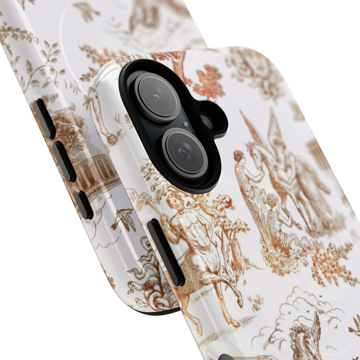 Magnetic phone case featuring a toile design with centaurs, minotaurs, and Pegasus against a nature backdrop. - Detail