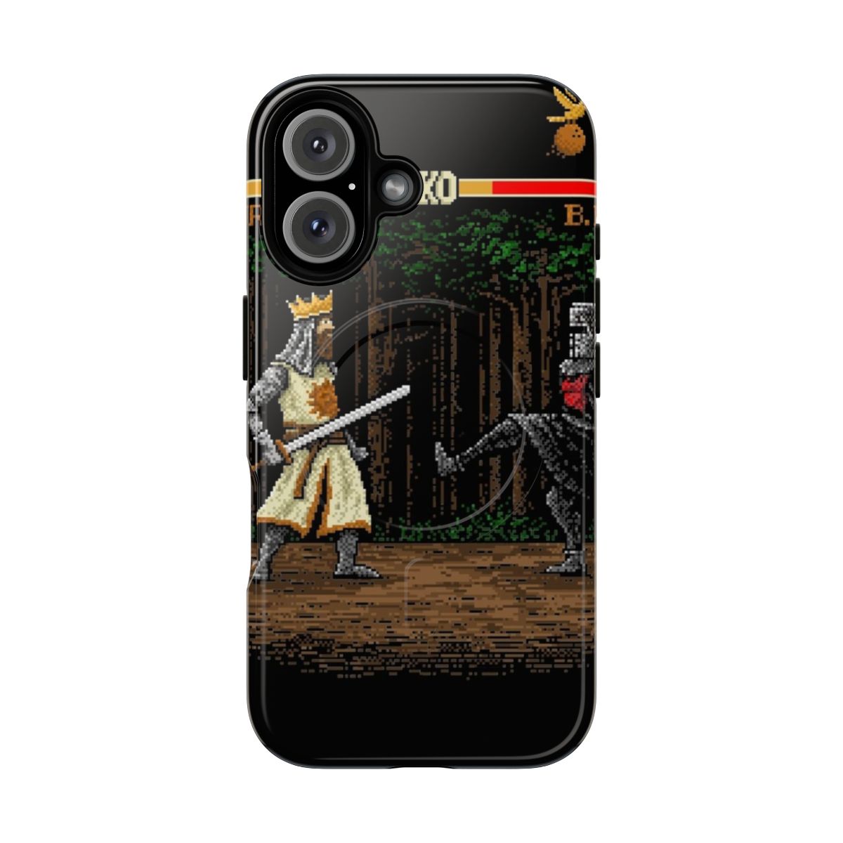 Magnetic tough phone case with pixel art design inspired by classic video games