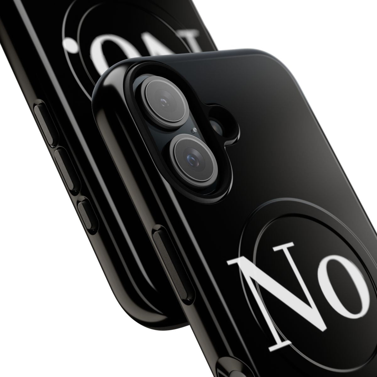 Tough magnetic phone case with the simple text "No" displayed. - Detail